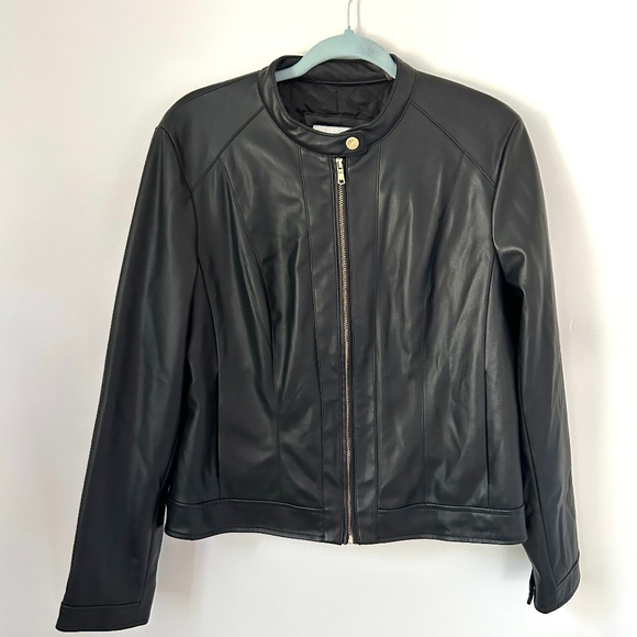 Cole Haan Signature Black Faux Leather Cafe Racer Moto Jacket L PRISTINE - Picture 1 of 5